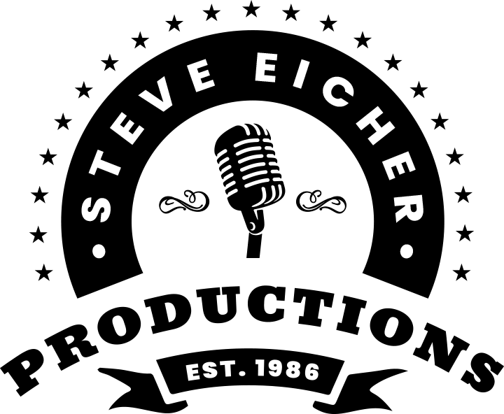 Steve Eicher Productions white and black sports PA announcer, auctioneer, wedding DJ and corporate host mic guy logo